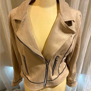 Laundry By Shelli Segal Beige Leather Jacket with Zipper Accents